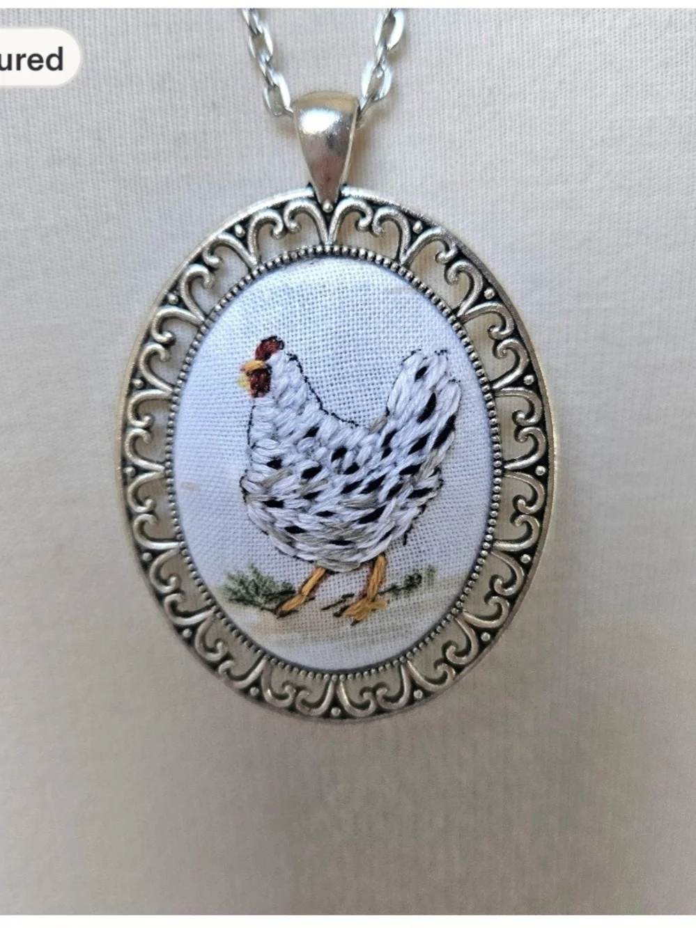Hand-Embroidered Chicken Pendant Necklace - White & Silver